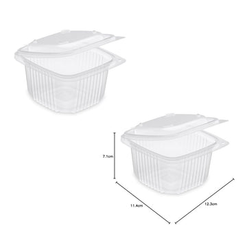 Vaschetta di plastica trasparente semiaperta mostrata con le sue misure e senza